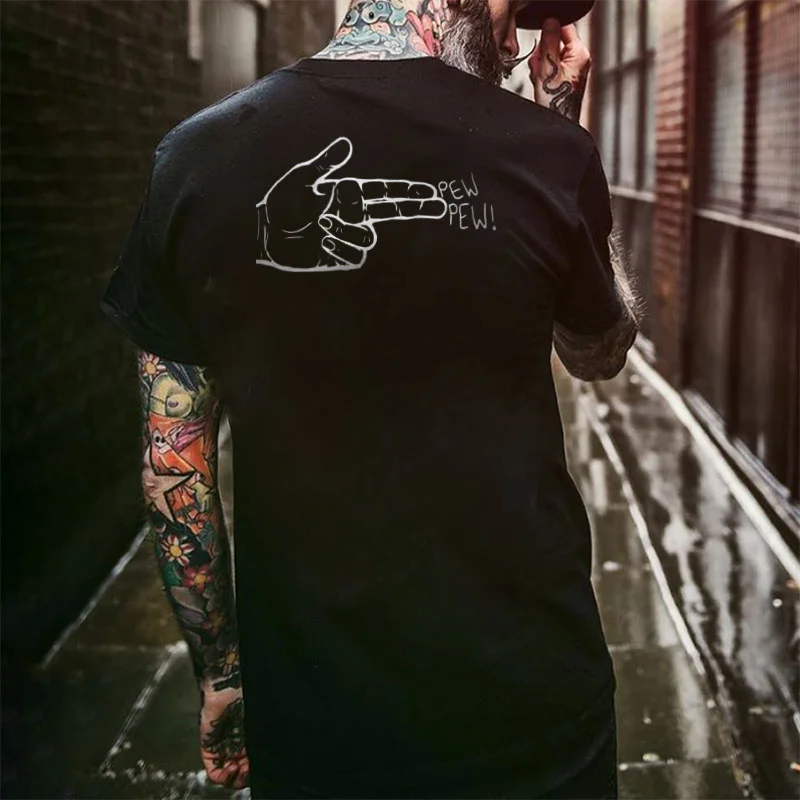PEW PEW Hand Graphic Casual Modern Style Black Print T-shirt