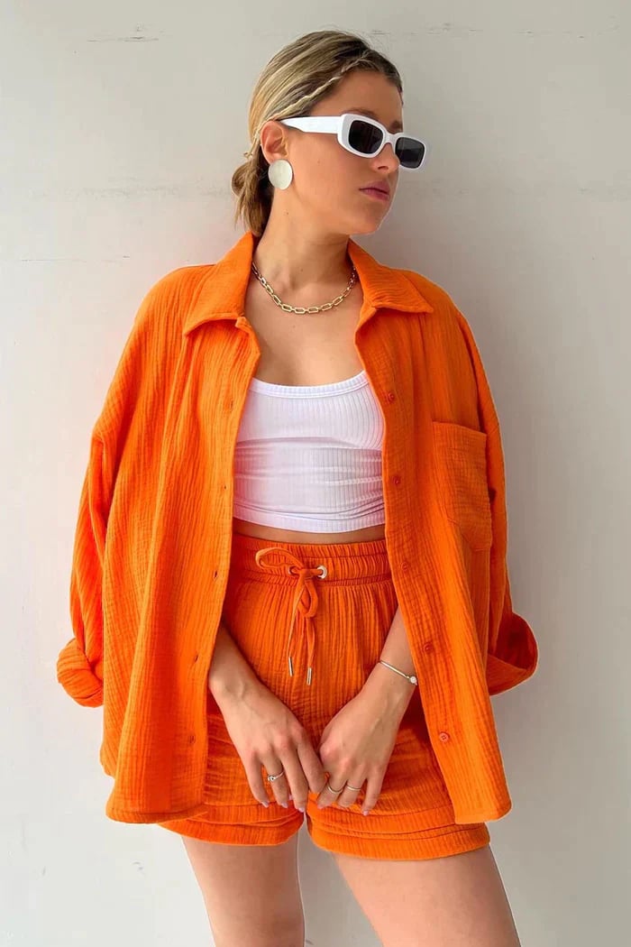 Loose Flounce String Shirt Short Set