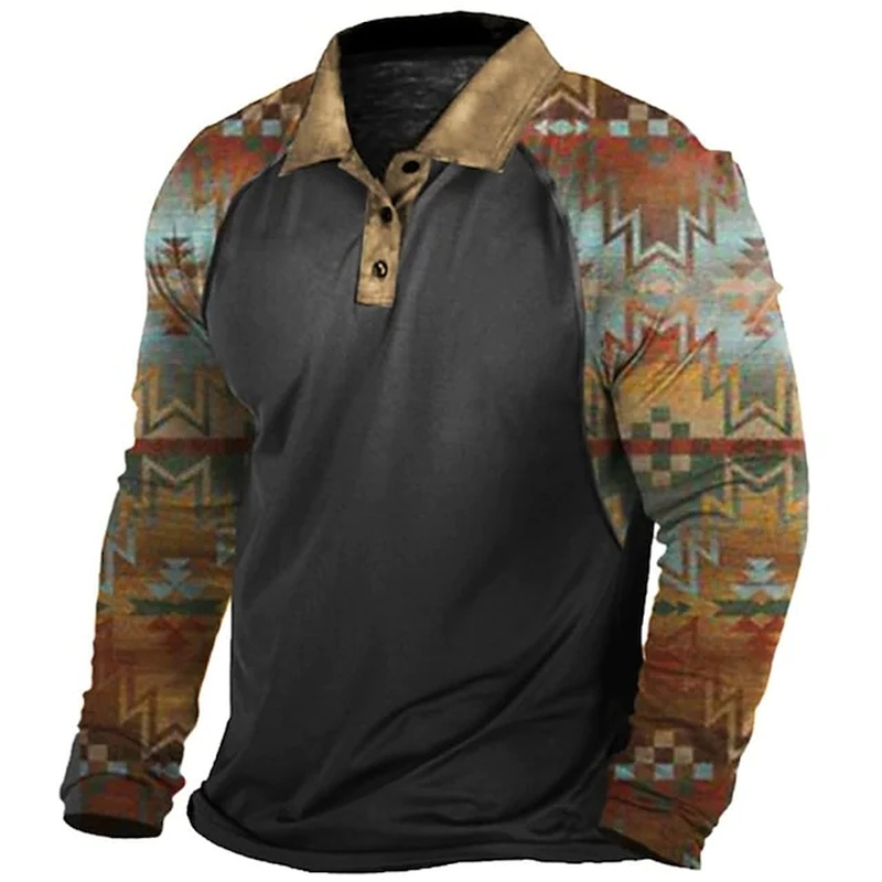 Men's Golf 3D Print Geometry Long Sleeve Causal Polo Shirt 