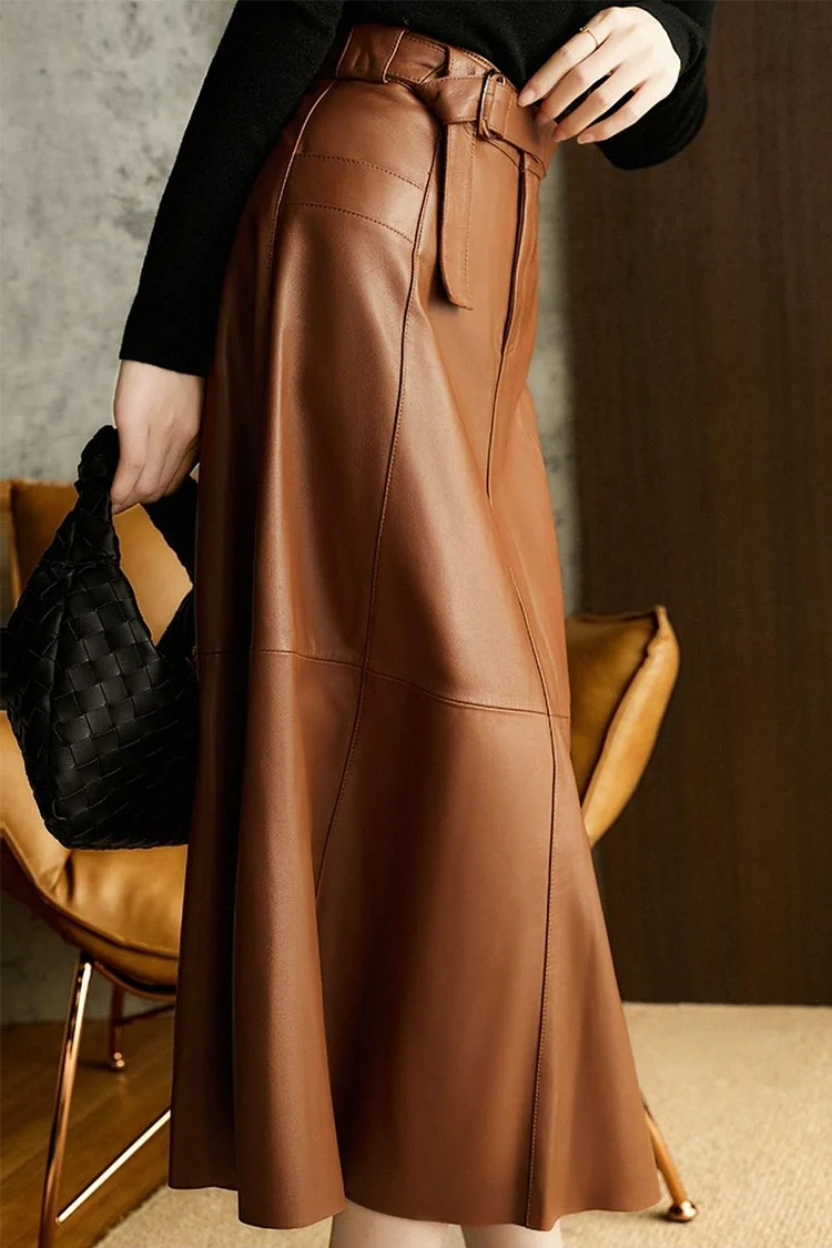 Vintage Brown High Waist A-Line Leather Skirt