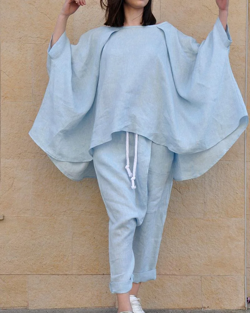 Solid color loose cotton two-piece suit