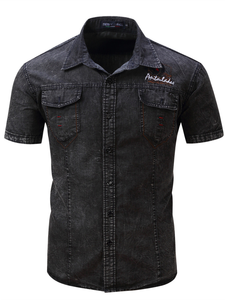 Men's Shirt Letter Turndown Street Casual Embroidered Denim Short Sleeve Tops Casual Streetwear Nostalgic Cool Blue Black Summer Shirt