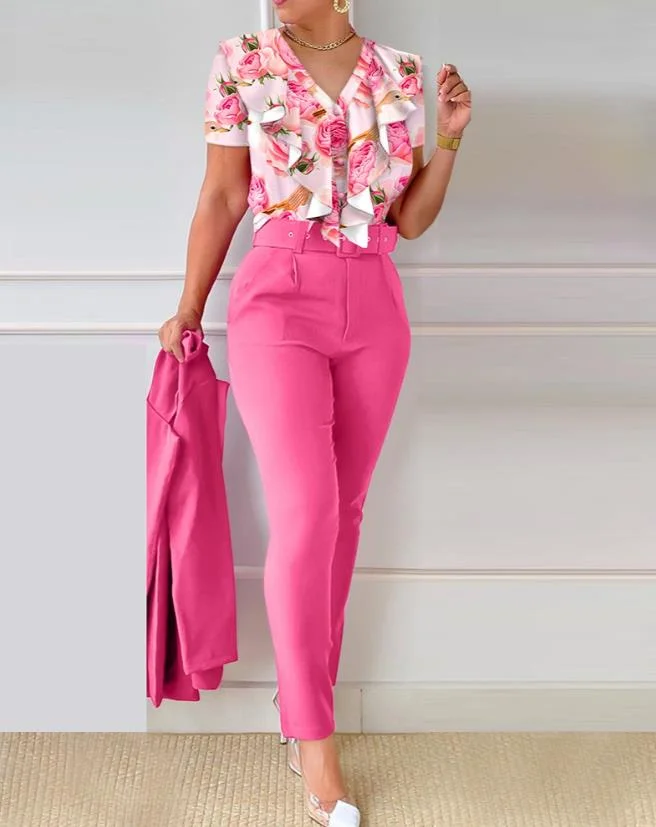 Nncharge Piece Sets Women Outifit 2023 Summer Fashion Floral Print V-Neck Short Sleeve Top & Casual Pocket Design Pants Set with Belt