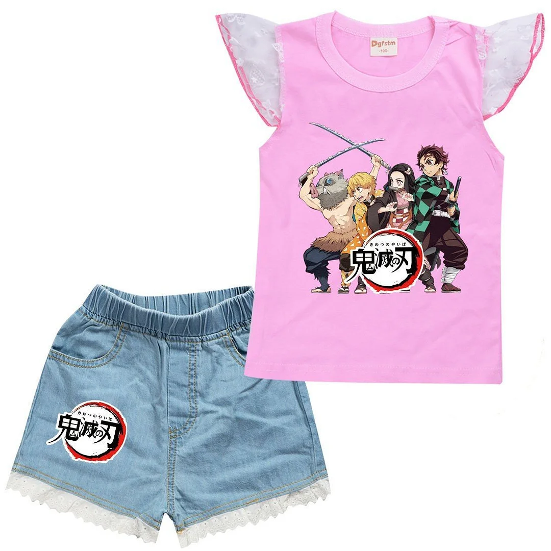 Demon Slayer Print Girls Ruffle Lace Trim Tank Top Denim Shorts Sets