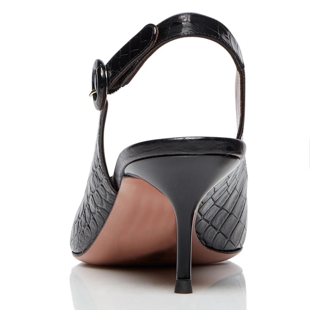 Black Faux Leather Stiletto Heel Slingback Croc Embossed Pumps Shoes