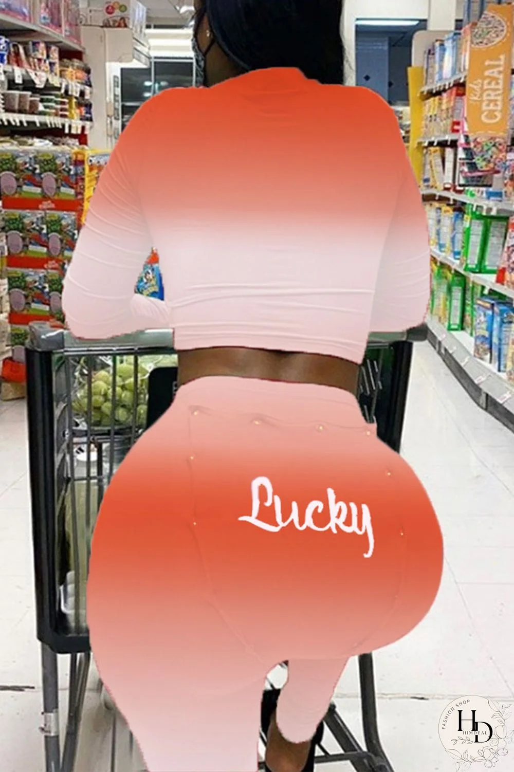 Tangerine Red Street Print Split Joint V Neck Long Sleeve Two Pieces