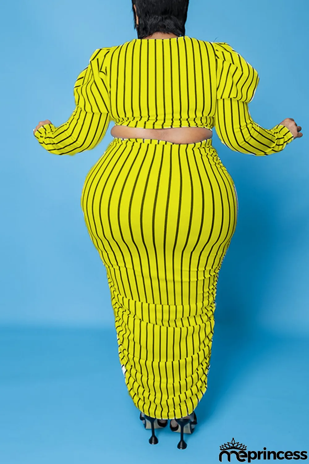 Yellow Casual Striped Split Joint O Neck Pencil Skirt Plus Size Two Pieces