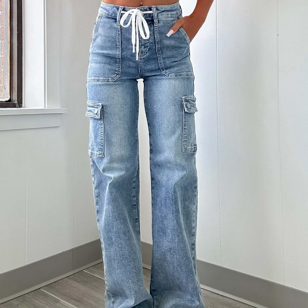 Women's 2025 Straight Jeans Casual Lace-up Multi Pocket Hip Hop Street Style Jeans