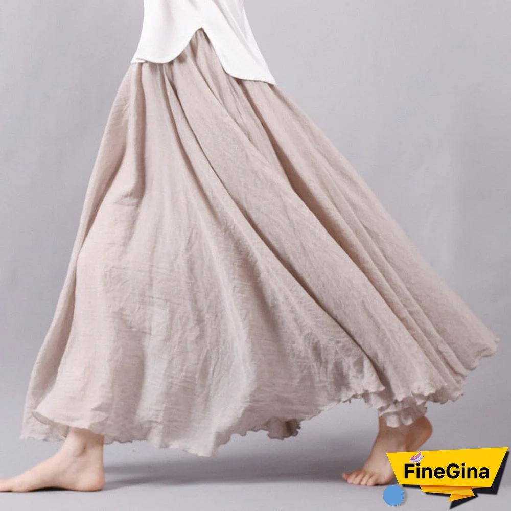 Women Linen Cotton Long Skirts Elastic Waist Pleated Maxi Skirts Beach Boho Vintage Summer Skirts Faldas Saia