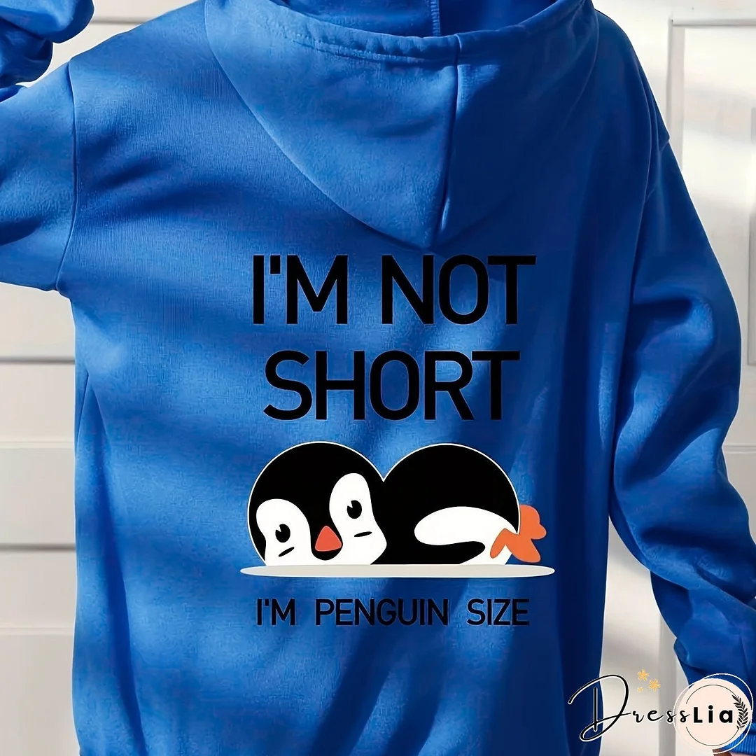 Penguin Graphic Casual Sports Hooded Sweatshirts, Animal Print Drawstring Hoodies With Front Pocket, Women's Sporty Sweatshirts