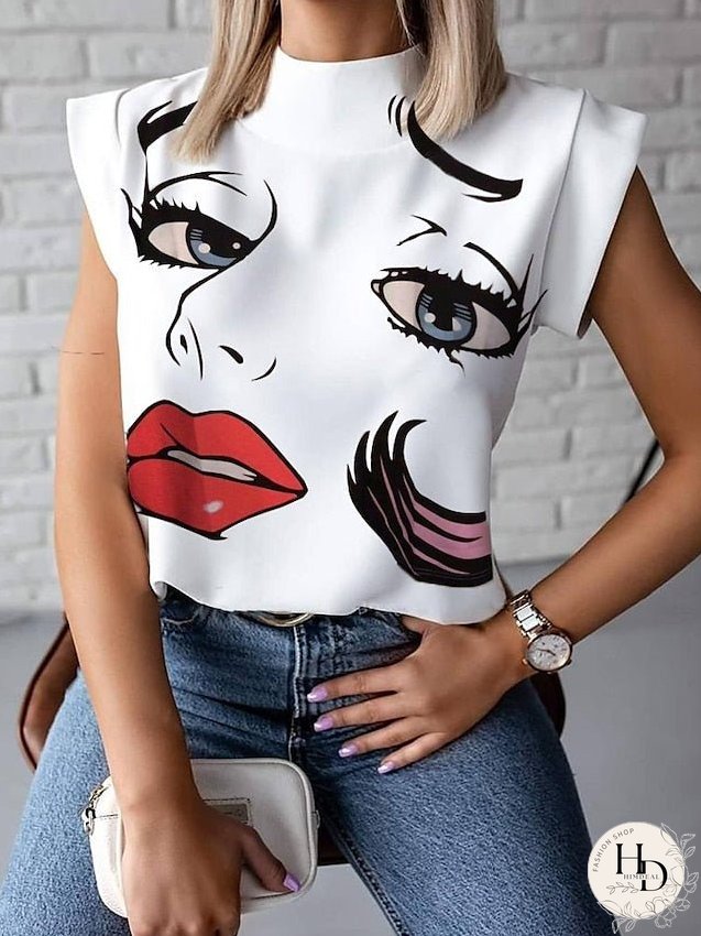 casual short sleeve t shirt elegant red lips stand neck tops blouse (red lips, x-large) for Women