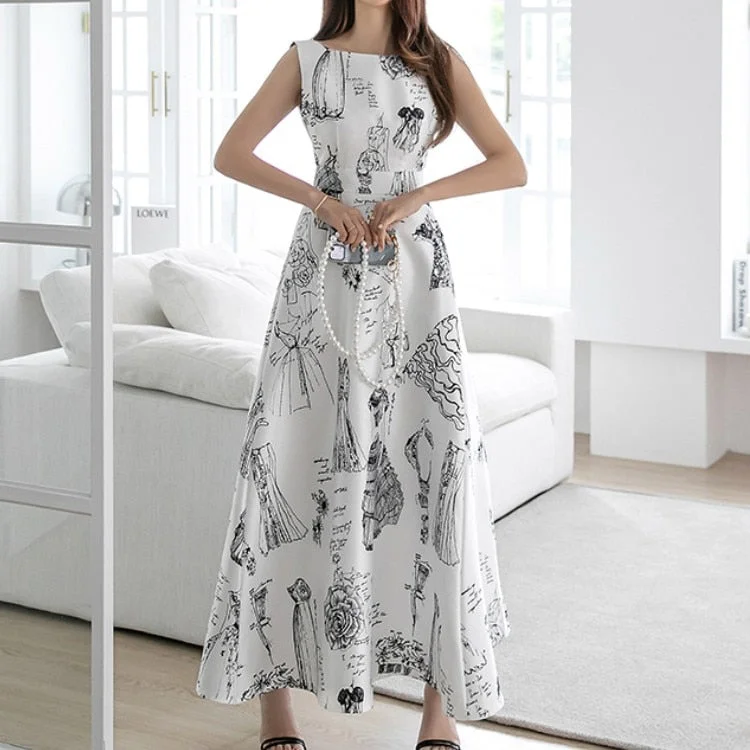 2021 Summer Vintage Elegant Chic Print Long Dress Women Office OL Work Sleeveless High Waist Slim A-Line Dresses Vestidos