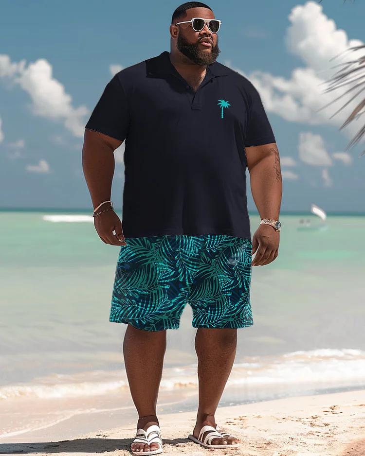 Men's Plus Size Hawaiian Tropical Palm Leaf Coconut Print Polo Shorts Suit