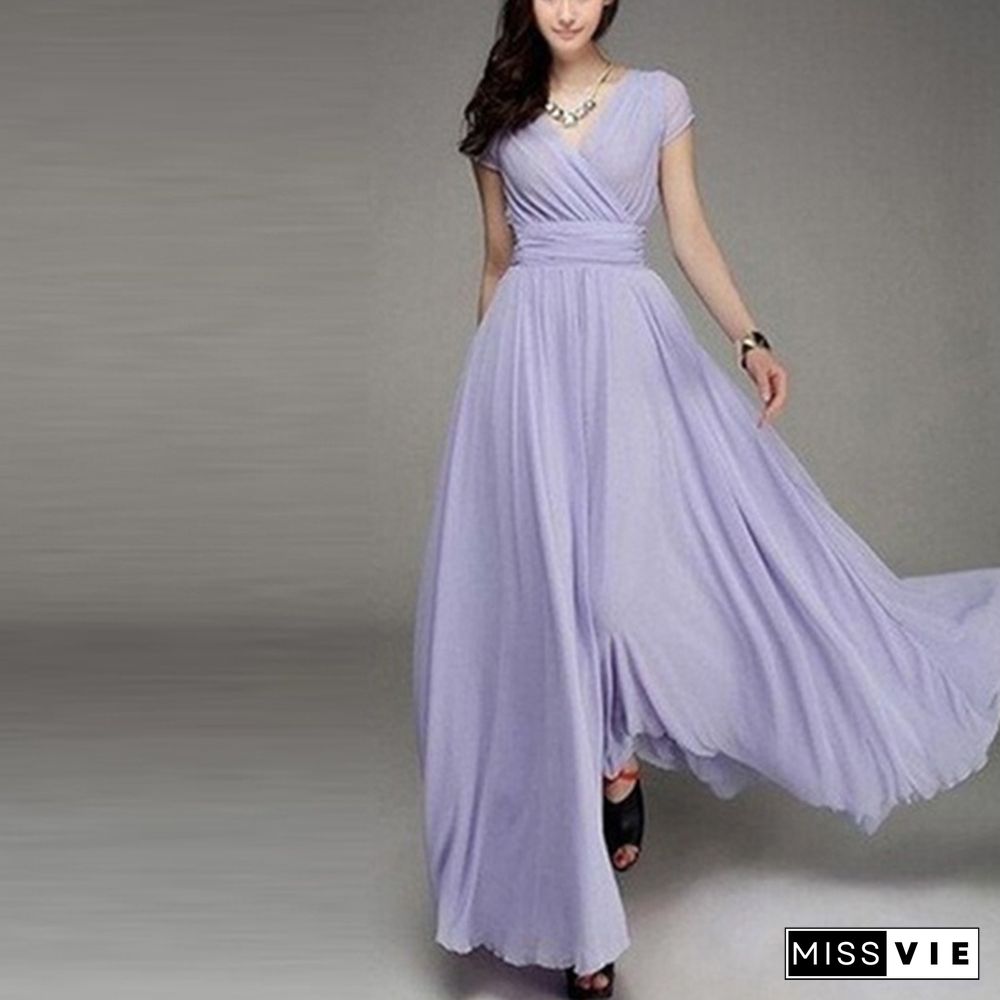 Womens Fashion Spring Summer Autumn Bohemian Maxi Dress Beach Evening V-Neck Sexy Women