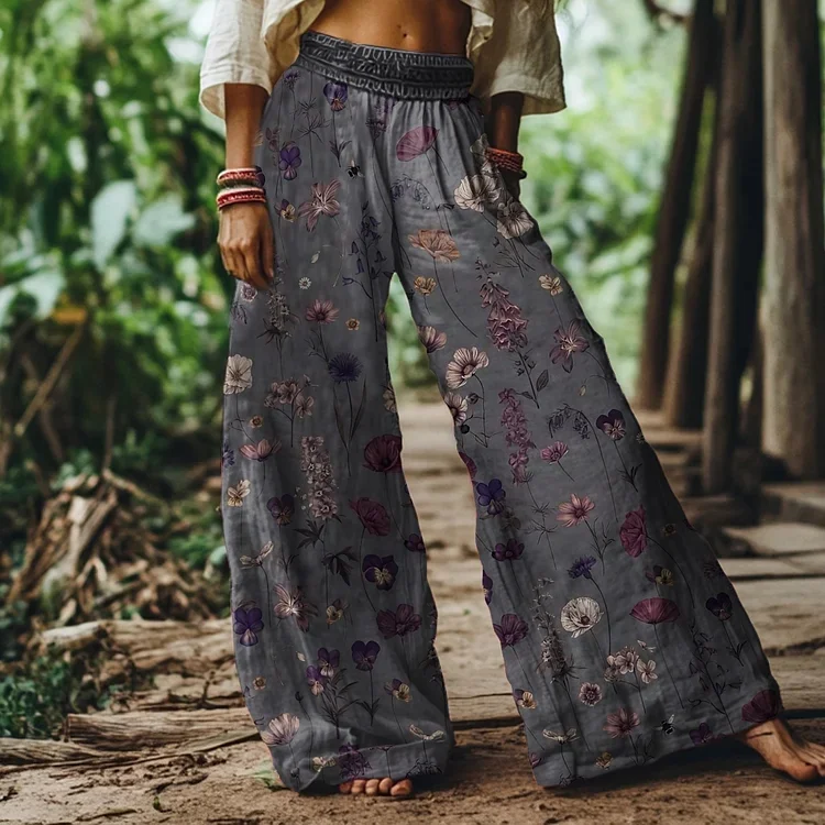 Utbros Vintage Bohemia Floral Pattern Women's Linen Blend Casual Pants