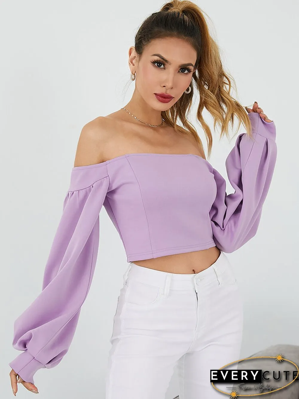 Solid Lantern Long Sleeve Off The Shoulder Crop Top