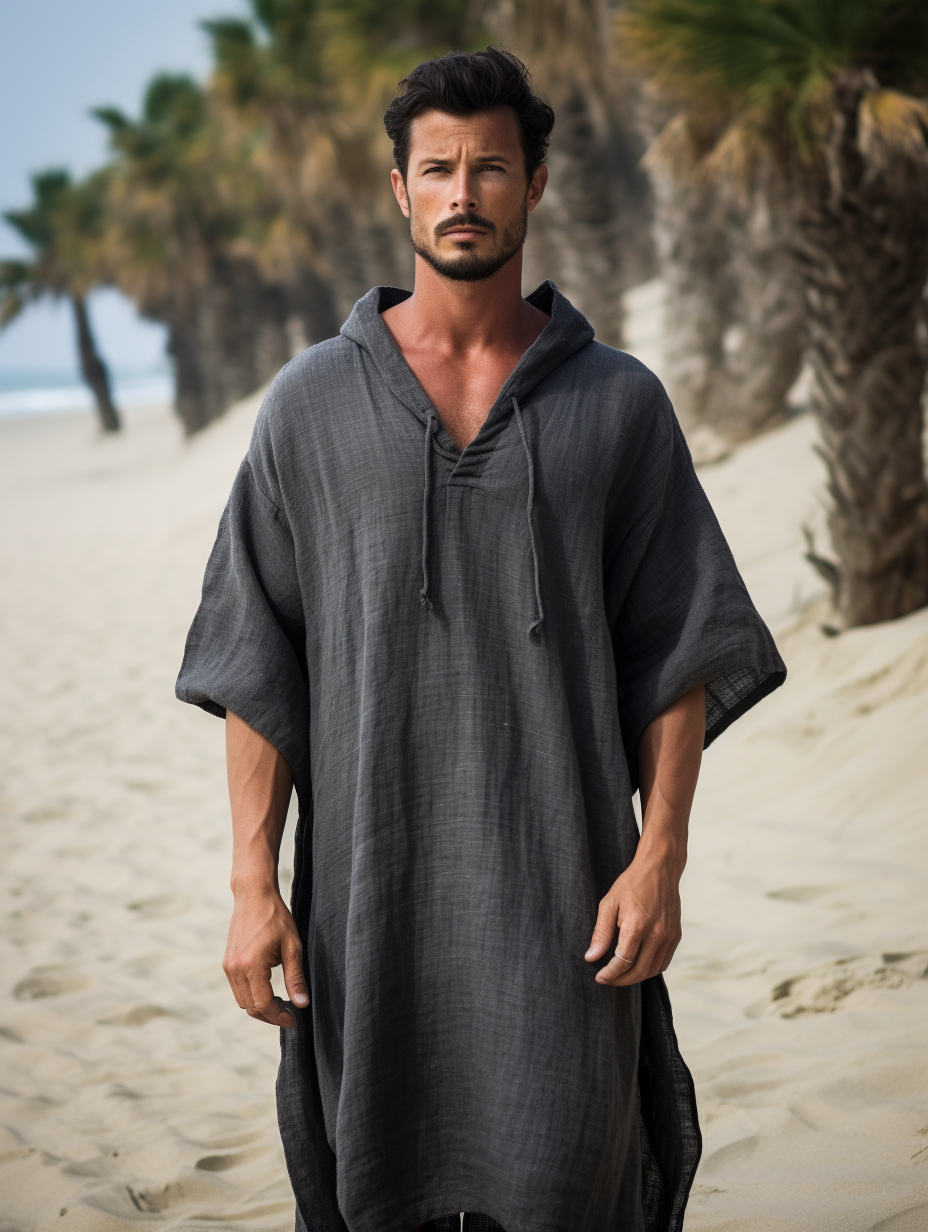 Dark Grey Men Linen Hoodie Kaftan Solid Long Caftan