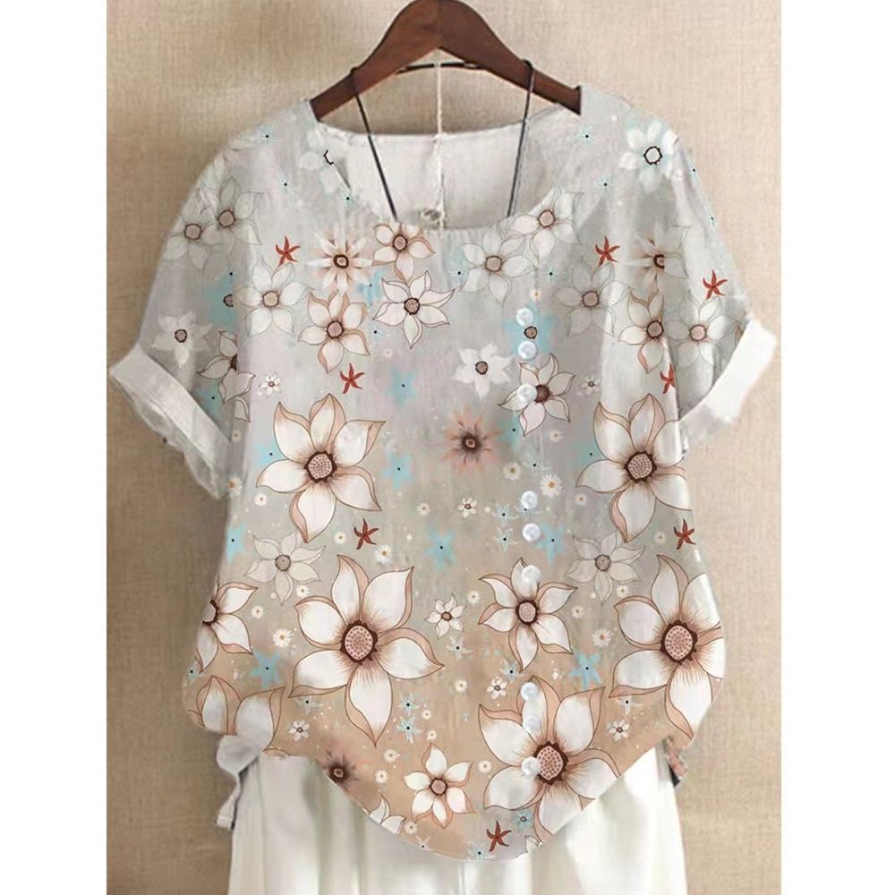 Elegant Women New Vintage Floral Print Round Neck Casual Shirts