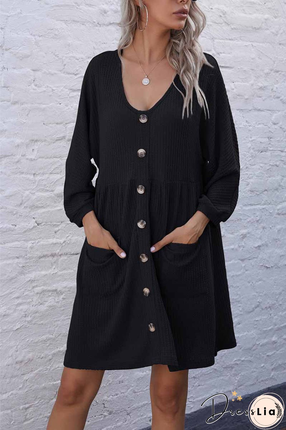 V-Neck Buttoned Loose Knit Hem Mini Dresses
