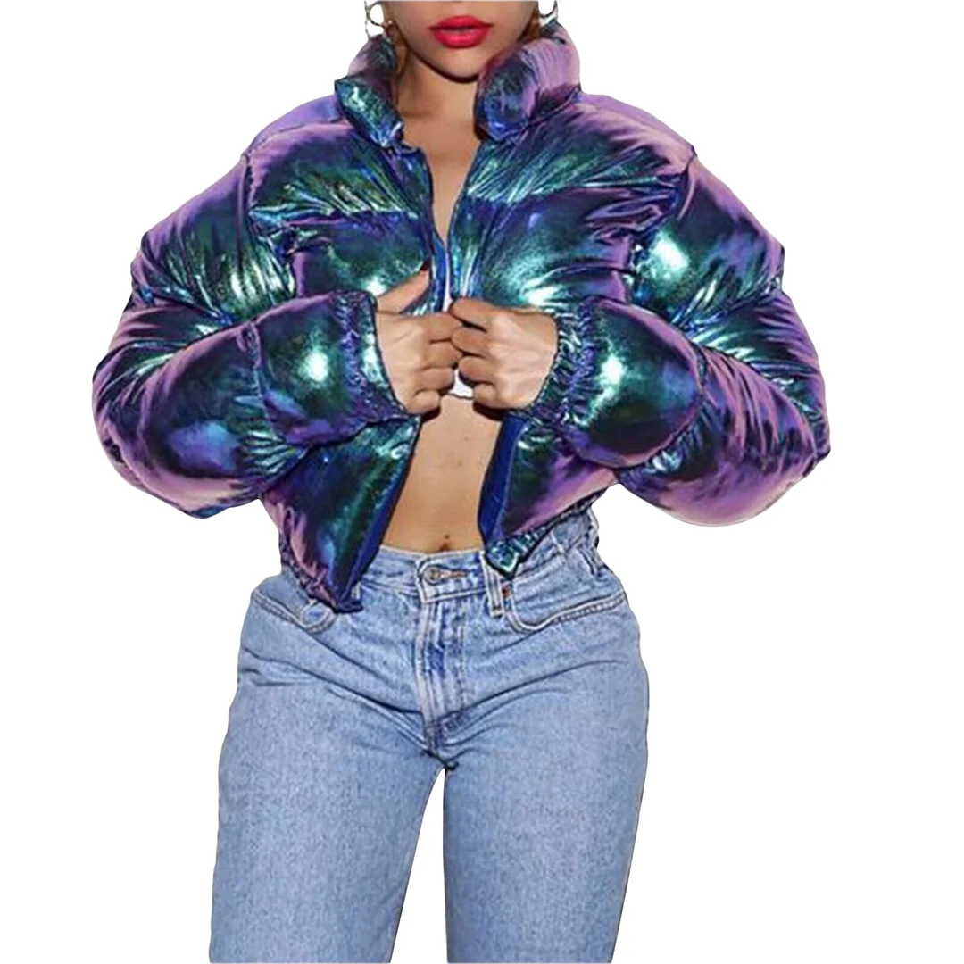 Fashion  Women Quilted Puffer Jackets Long Sleeve Stand Collar Metallic Cropped Down Jackets Street Style Winter Hot Sale S-XL