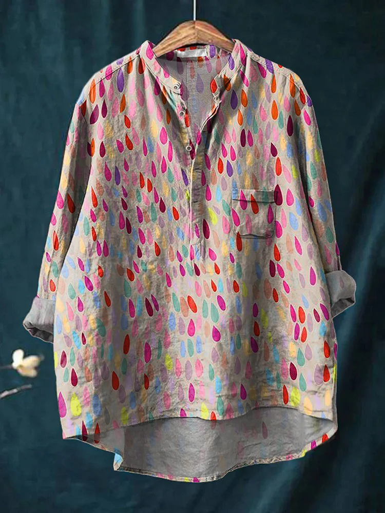Colorful Water Droplet Pattern Printed Women's Casual Long Sleeve Comfortable Cotton Shirt