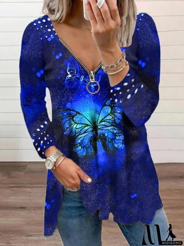 Women's T-Shirts V-Neck Zipper Pullover Pearl Print T-Shirt