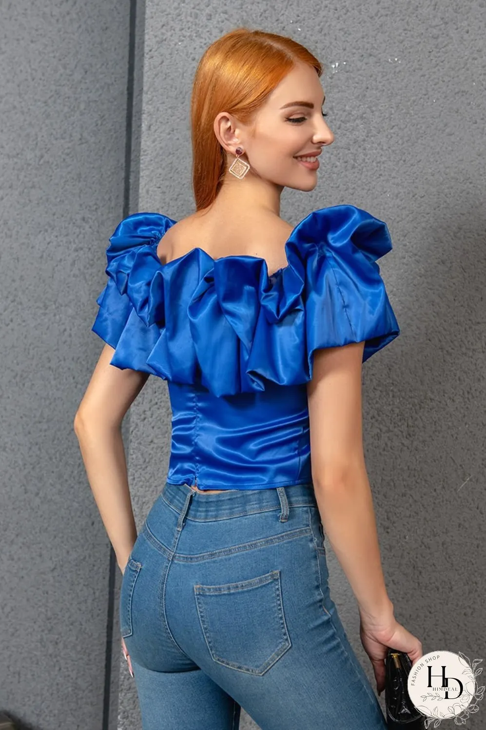 Cropped Ruffle Boat Neck Short Sleeve Blouse