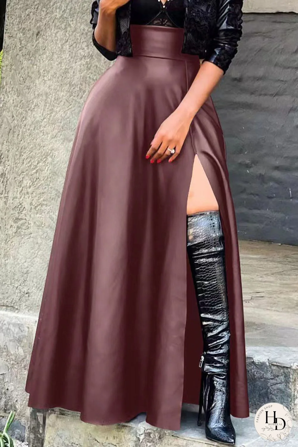 Burgundy Sexy Solid Patchwork Slit Straight High Waist Type A Solid Color Bottoms