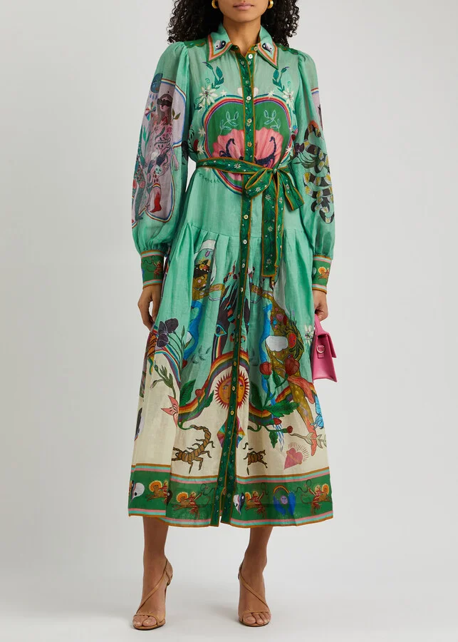 Evergreen Printed Ramie Midi Shirt Dress