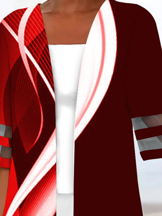 Women Half Sleeve Scoop Neck Striped Printed Colorblock Two-Pieced Tops