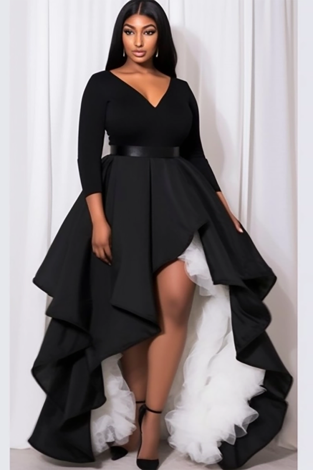 Design Plus Size Semi Formal Maxi Dresses Elegant Black Fall Winter V Neck 3/4 Sleeve Contrast Knitted Maxi Dresses [Pre-Order]