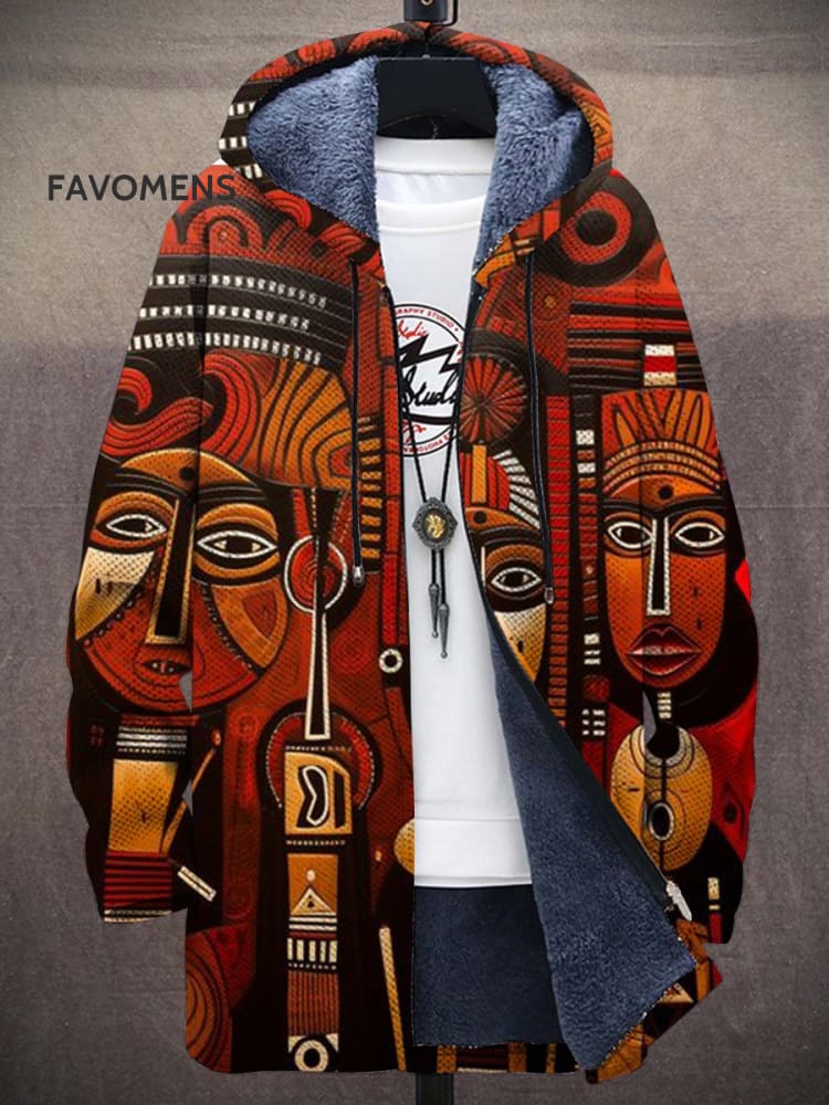 Men’s Vintage African Art Abstract Face Unisex Plush Thick Long-Sleeved Sweater Cardigan Coat