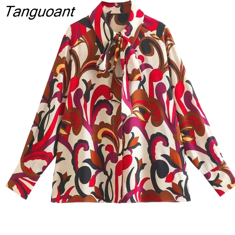 Tanguoant Women Fashion With Bow Printed Single Breasted Blouse Vintage Long Sleeves Lapel Neck Female Chic Lady Shirts