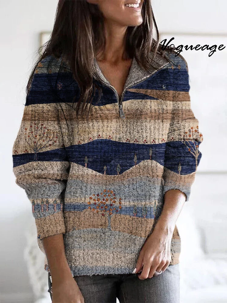 Simple And Stylish Warm Color Painting Plants And Small Trees Zippered Long-Sleeved Sweater