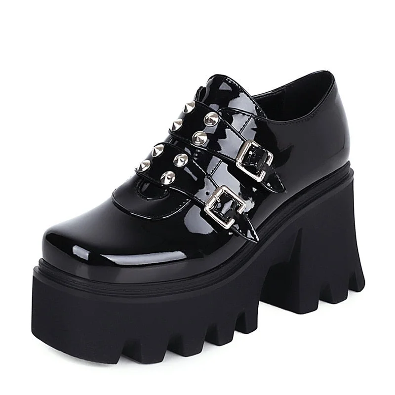 Gdgydh Fashion Rivets Creepers Platform Shoes Gothic Chunky Heel Women Shoes High Heel Gold Silver Patent Leather Plus Size 44