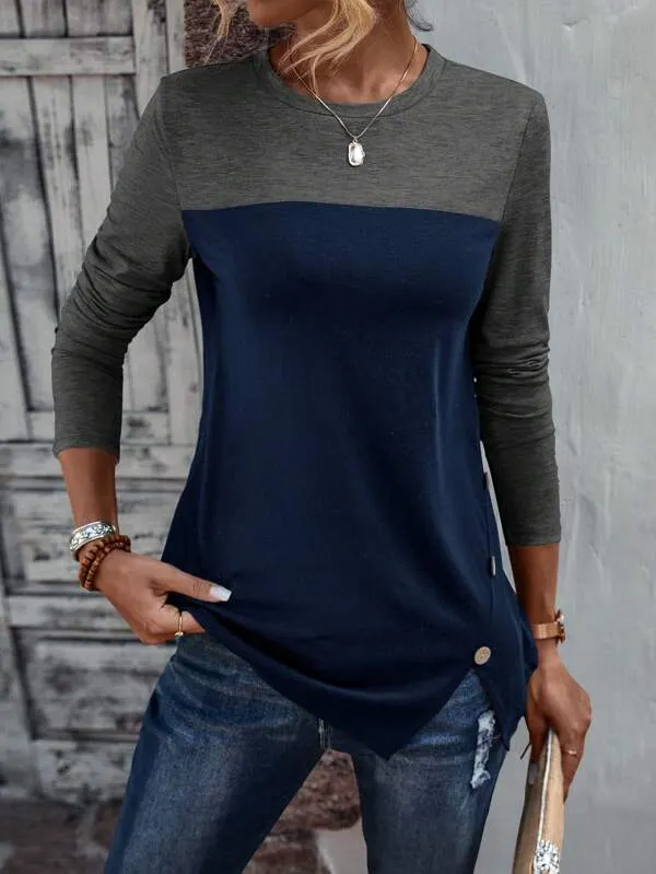 Navy Color Block Long Sleeve Top