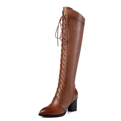 Gdgydh Spring Women Winter Knee High Boots Lacing Black Female Genuine Leather Boots Ladies Square High Heels Rubber Sole Shoes
