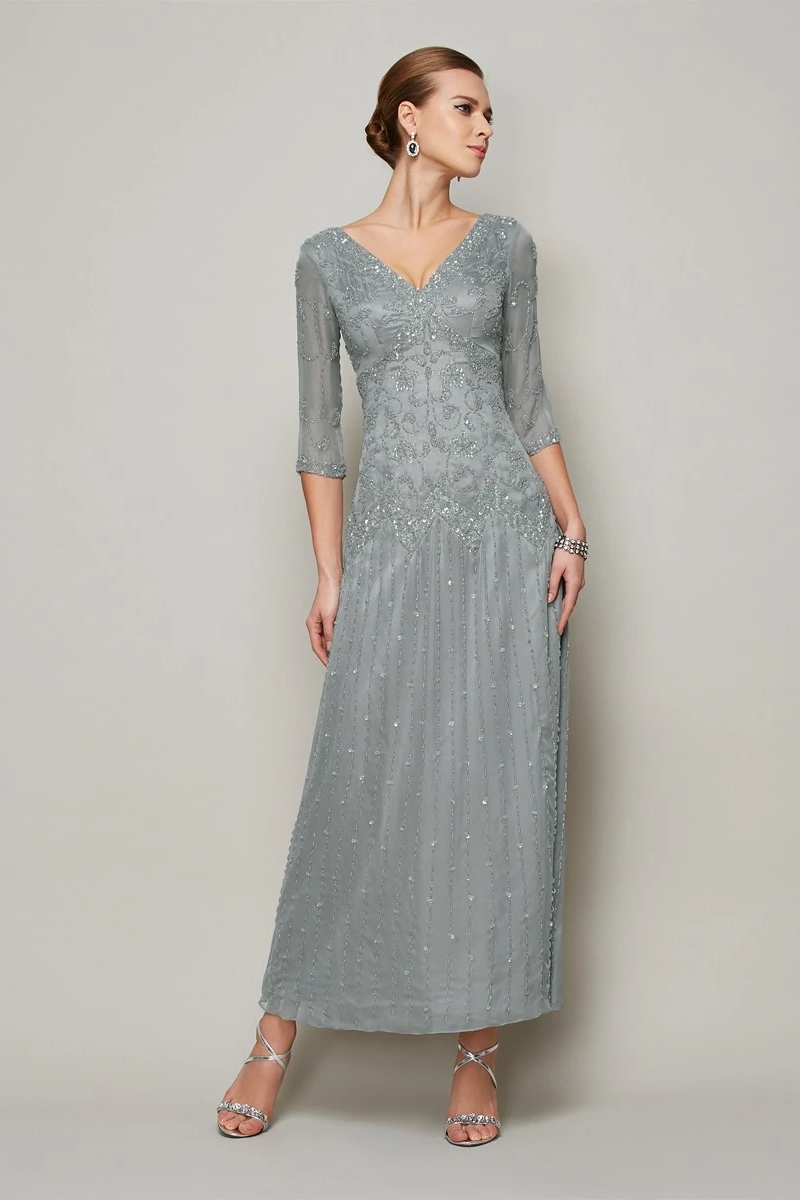 Daisda Grey V-Neck 3/4 Sleeve Tea Length Sheath Mother Of The Bride Dress With Beadings