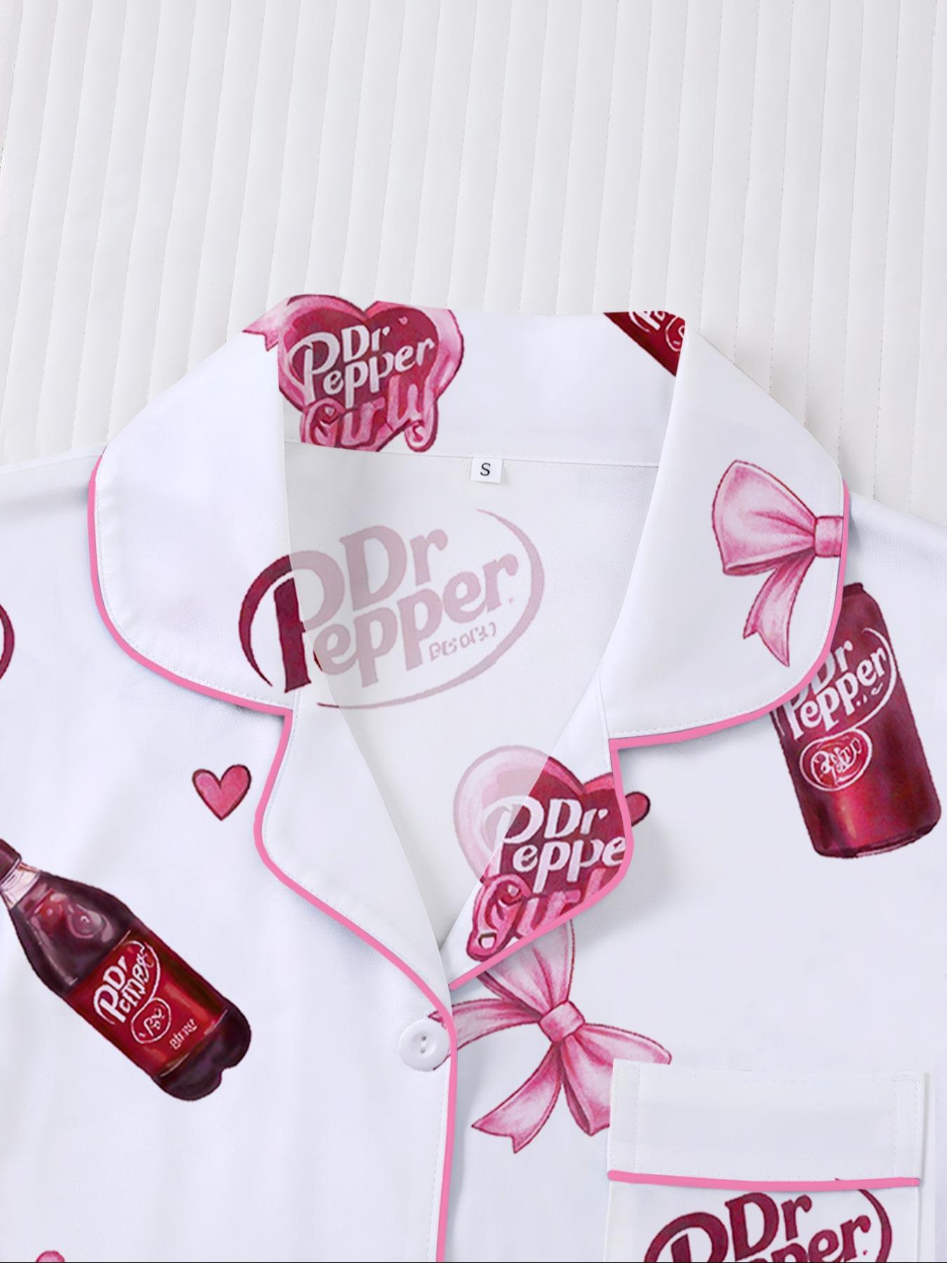 Women's Heart Bow Print Sleepwear Set, Short Sleeve Button-Up Top & Elastic Shorts, Casual Homewear for Party
