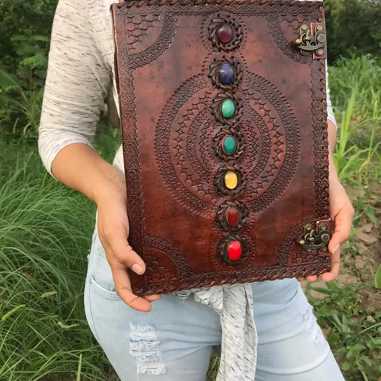 Olivenorma Vintage Chakra Leather Cover With Natural Crystal Journal