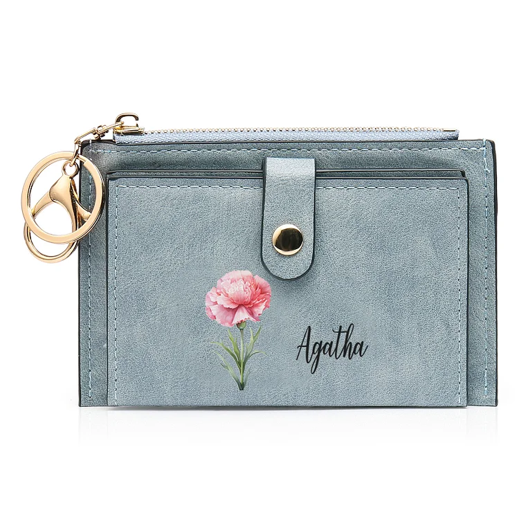 Personalized Birthflower & Name PU Leather Women's Zipper Wallet Four Colors Available Gift For Her