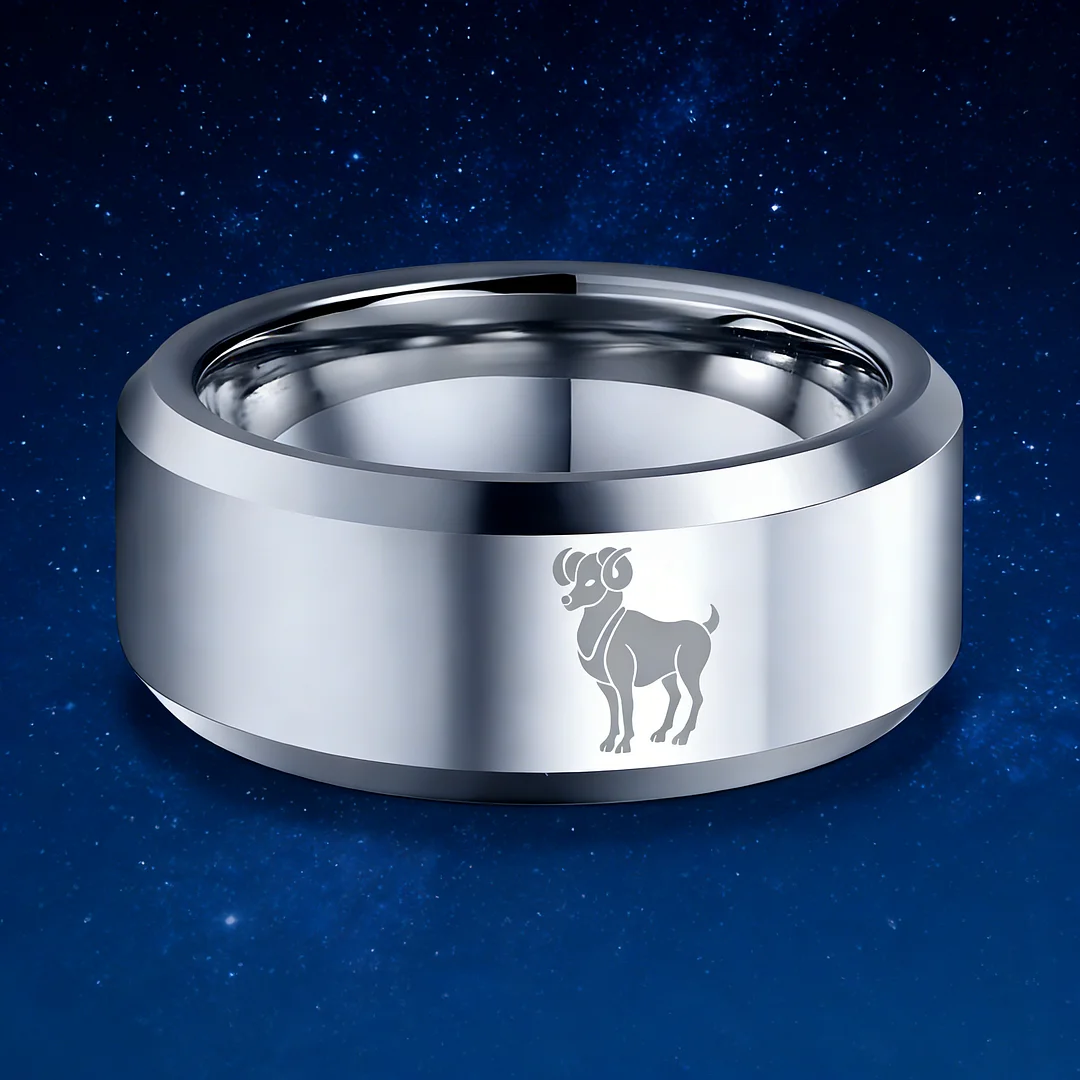 Sliver Aries Couple Wedding Bands Beveled Edges Laser Etched Tungsten Carbide Rings 4MM 6MM 8MM