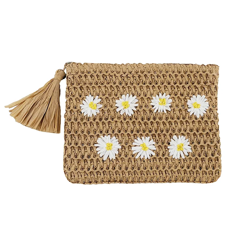 Women Hand-Woven Clutch Bag Daisy Flowers Summer Straw Beach Bag (Light Brown)