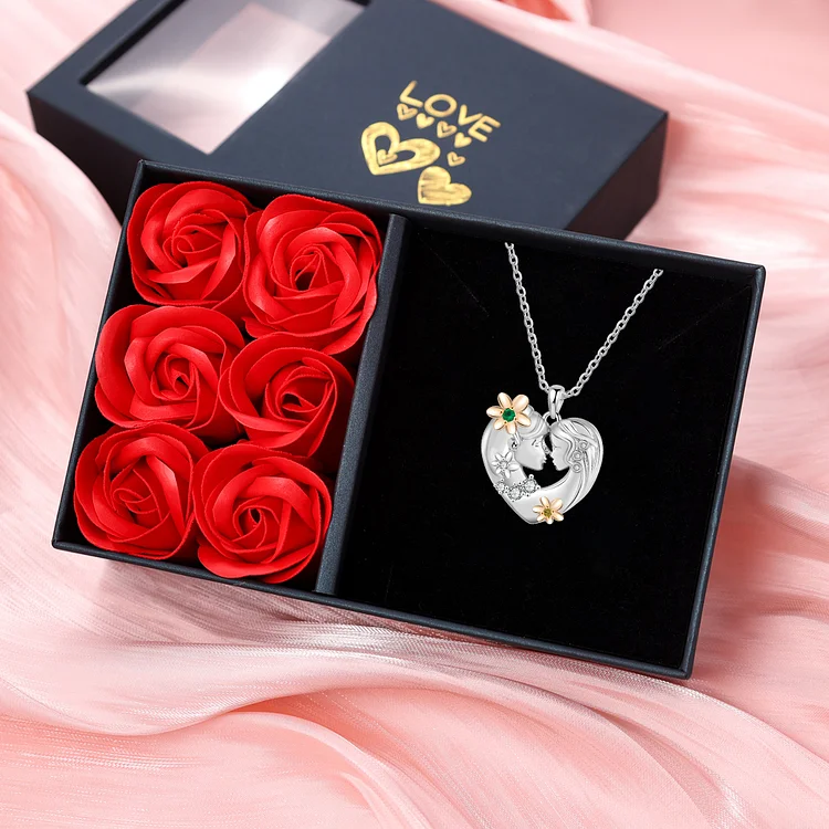 Mother and Daughter Flower Heart Necklace,Birthstone Necklace Love Necklace Set With Rose Box For Mother/Daughter/Nan