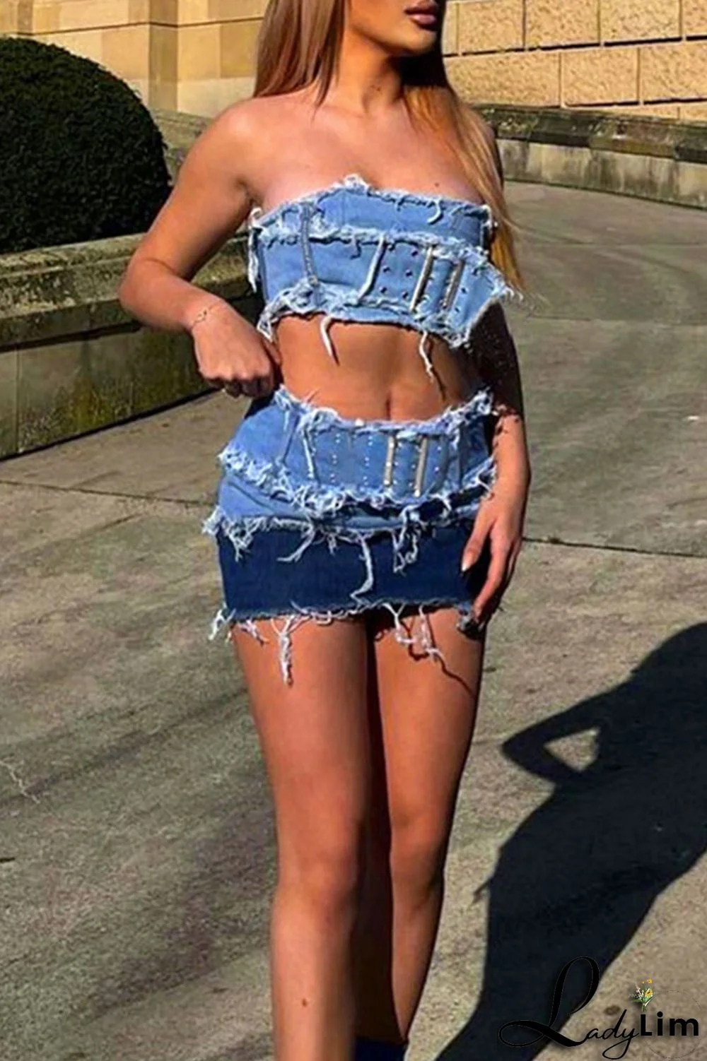 Blue Sexy Street Solid Make Old Patchwork Strapless Sleeveless Two Pieces