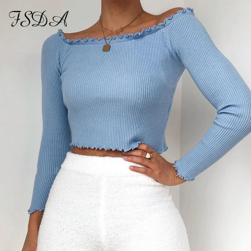 FSDA Autumn 2020 Summer Long Sleeve Crop Top Knit Women Ruffles Khaki Casual T Shirts Basic Off Shoulder Sexy Top Shirt