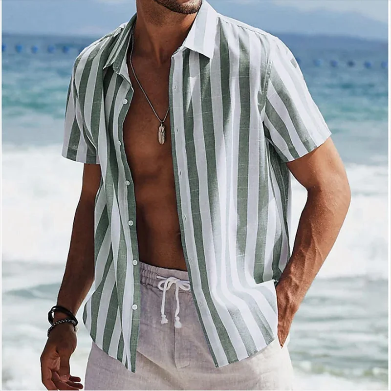  Striped Short-Sleeve Button-Up Shirt for Men - Perfect for Summer Beach Outings