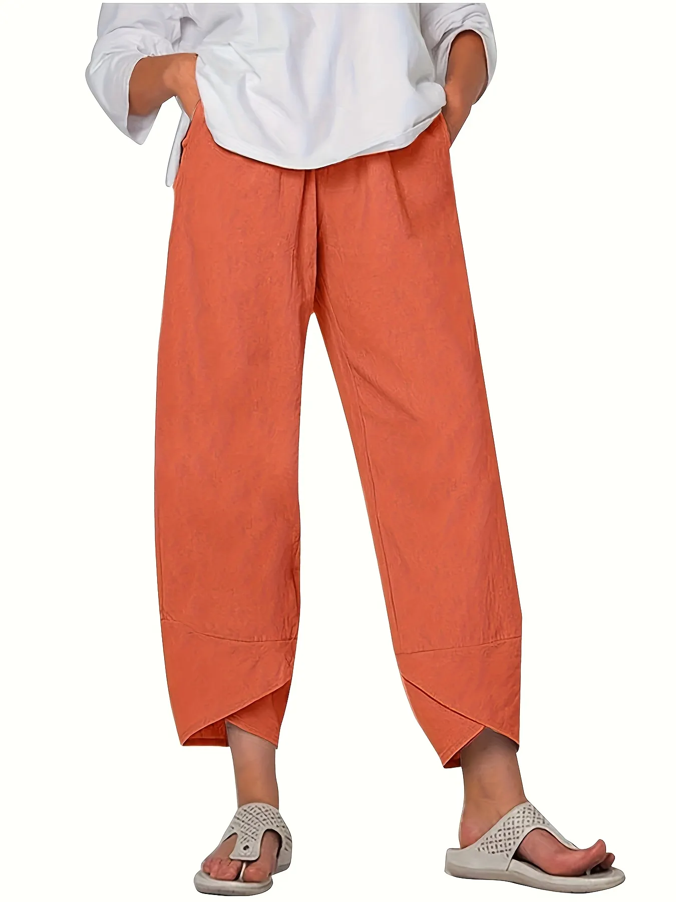 Capri Pants For WomenCasual SummerDrawstring ElasticHigh WaistLinenLightweightBeachTrouser