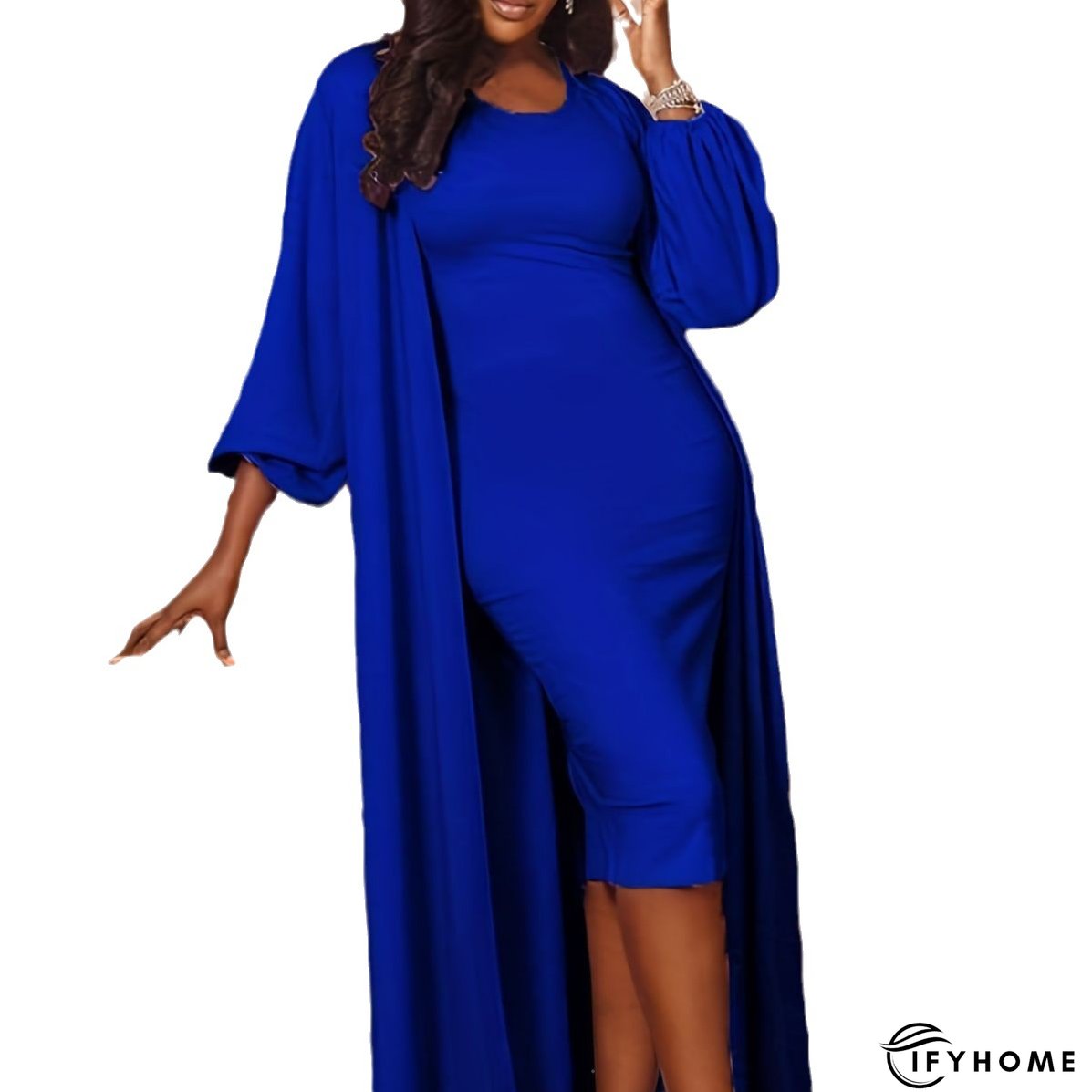 Plus Size Solid Color Chic Dress Cardigan Two-Piece Set Women's Suit | IFYHOME