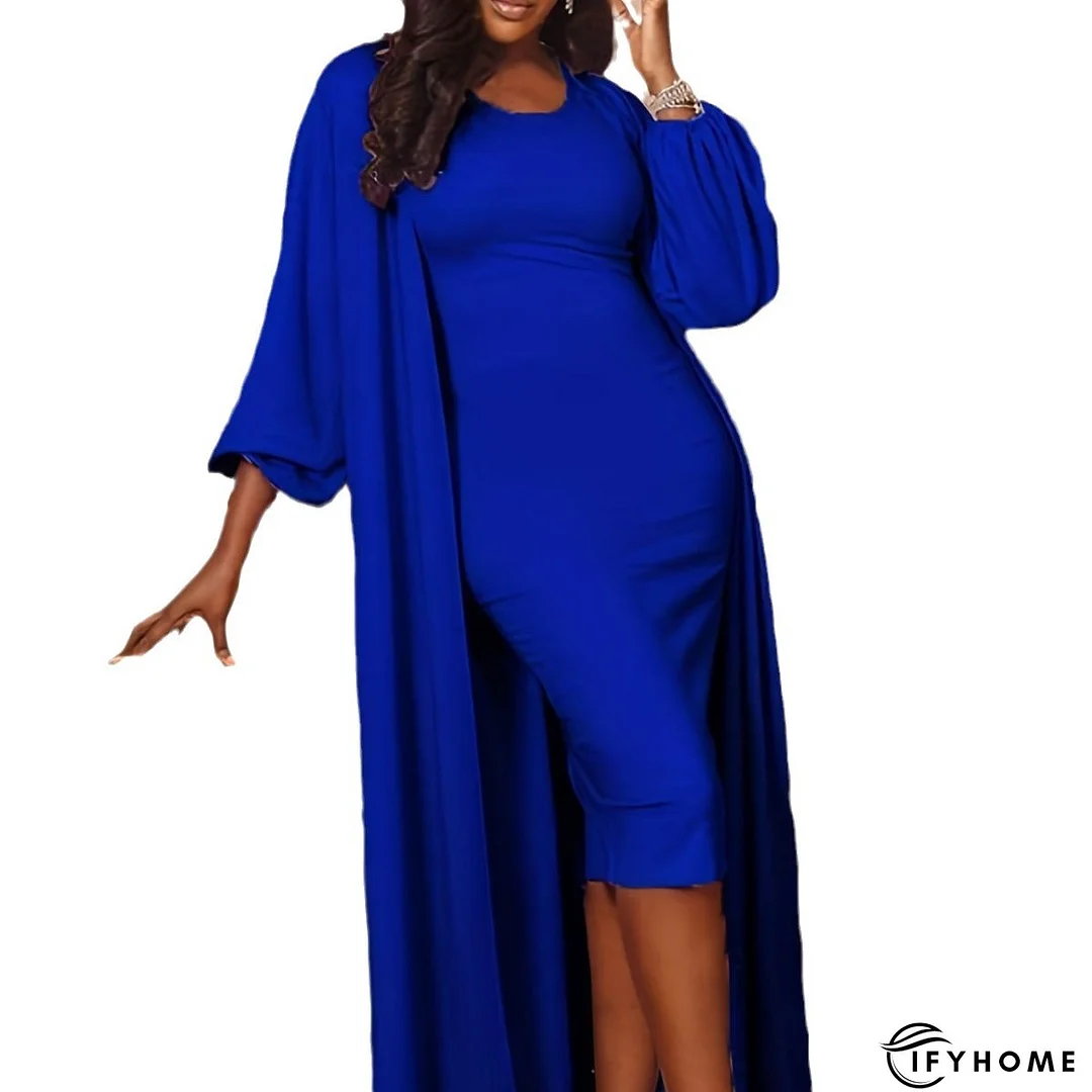 Plus Size Solid Color Chic Dress Cardigan Two-Piece Set Women's Suit | IFYHOME